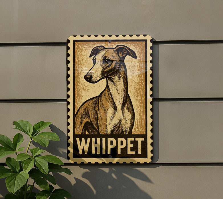 A sign featuring a dog, specifically a whippet, mounted on a wall.
