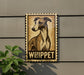A sign featuring a dog, specifically a whippet, mounted on a wall.