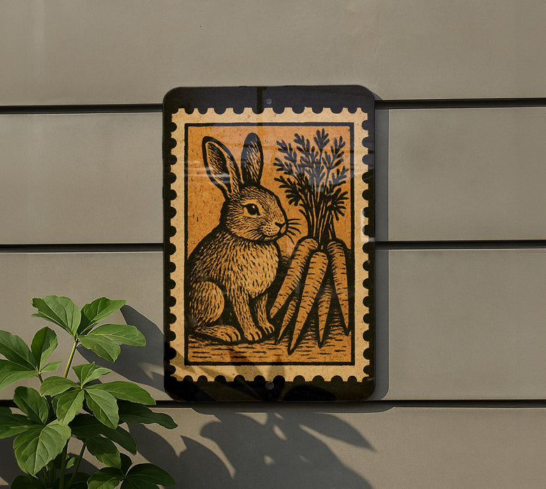 a sign with a rabbit and carrots on it, mounted on a wall.