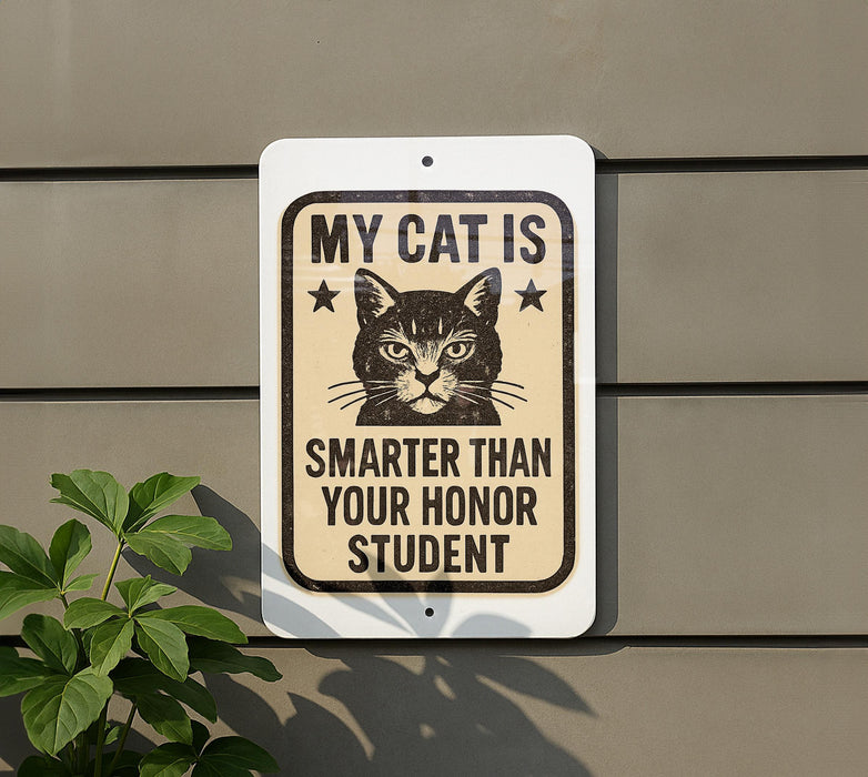 a sign with a cat on it, mounted on a wall.