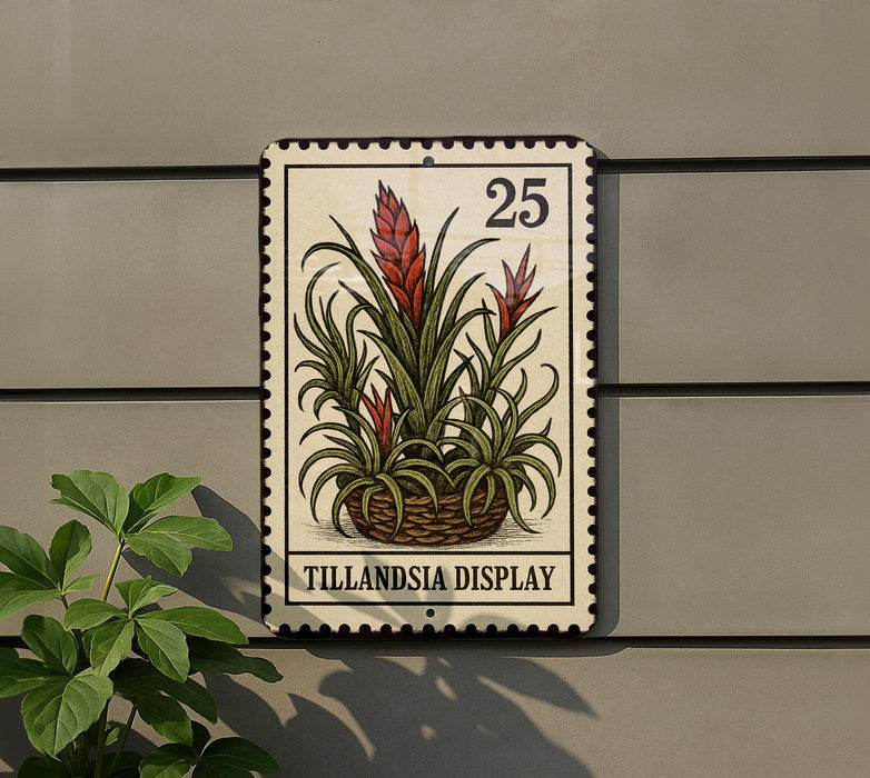 A postage stamp-like sign with a plant illustration is mounted on a wall, next to a small green plant.