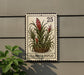 A postage stamp-like sign with a plant illustration is mounted on a wall, next to a small green plant.