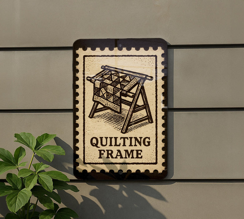 a sign that reads "QUILTING FRAME" with a decorative border, mounted on a wall next to a plant.