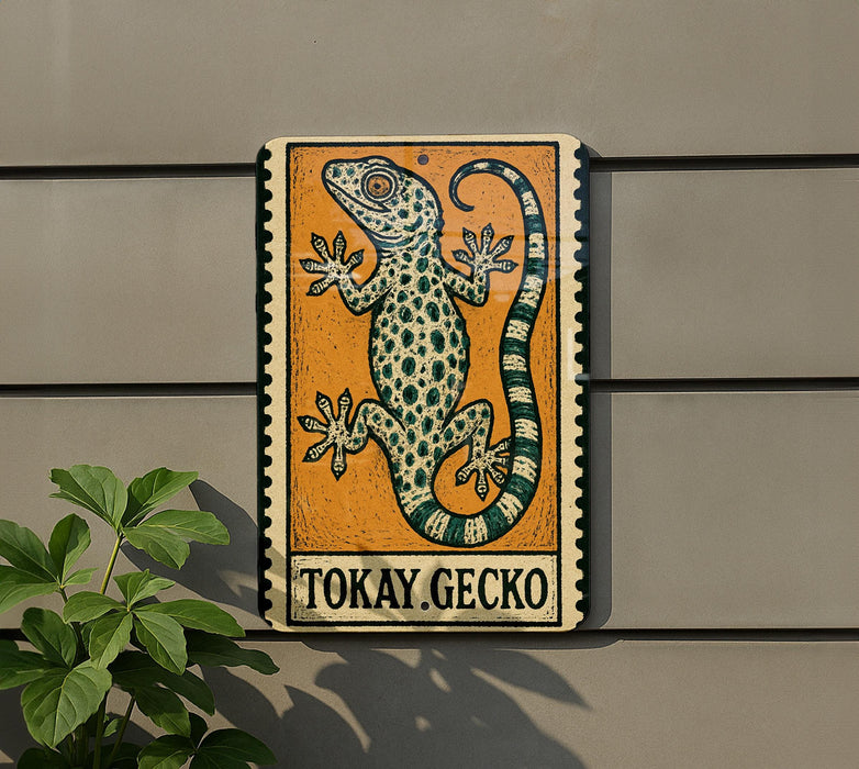 A metal sign featuring a gecko illustration is mounted on a wall, with a plant visible to the left.