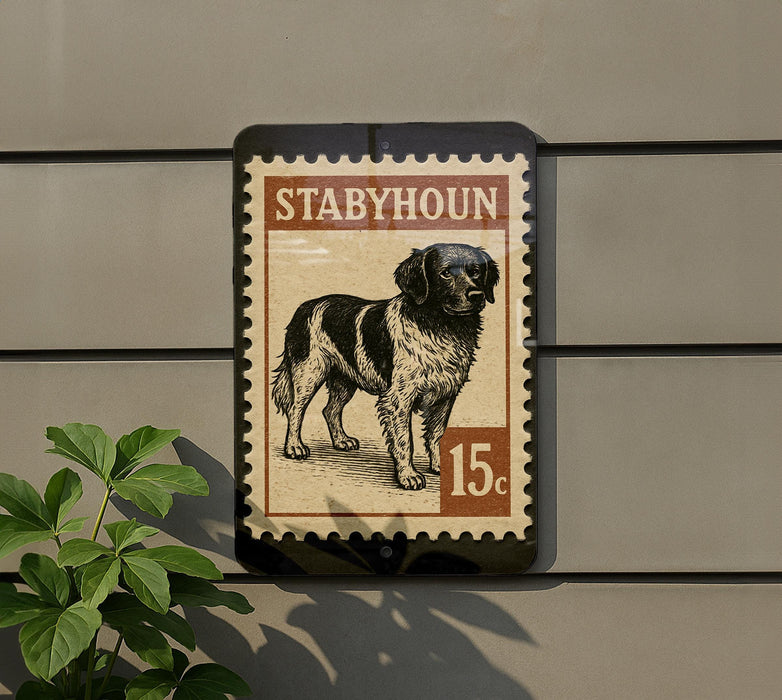 A stamp-like sign featuring a black and white dog illustration, mounted on a wall.