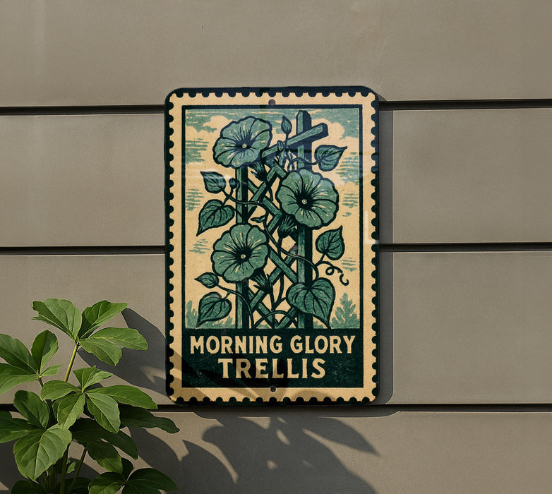 a sign with a floral design and the text "MORNING GLORY TRELLIS" displayed on it.