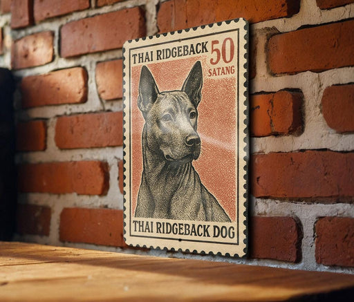 A Thai postage stamp featuring a portrait of a Thai Ridgeback dog, with the text "THAI RIDGEBACK 50 SATANG" printed on it.