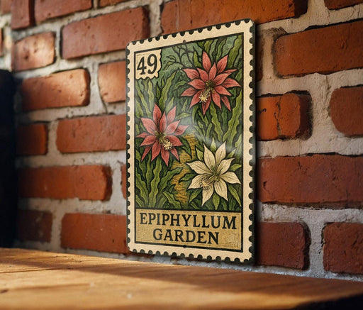 A vintage-style postage stamp featuring a floral design, hanging on a brick wall.