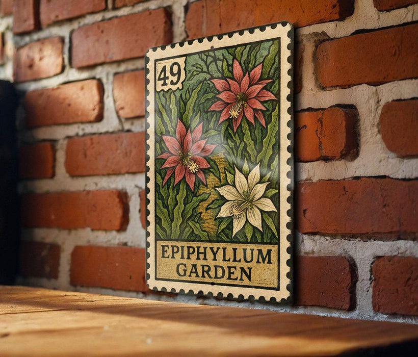 A vintage-style postage stamp featuring a floral design, hanging on a brick wall.