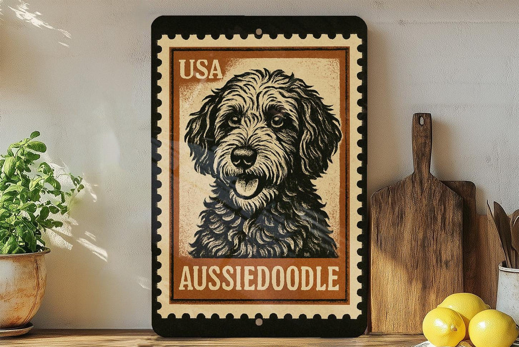 A framed image of a black and white Aussiedoodle dog, with the text "USA AUSSIEDODOLE" on the frame.
