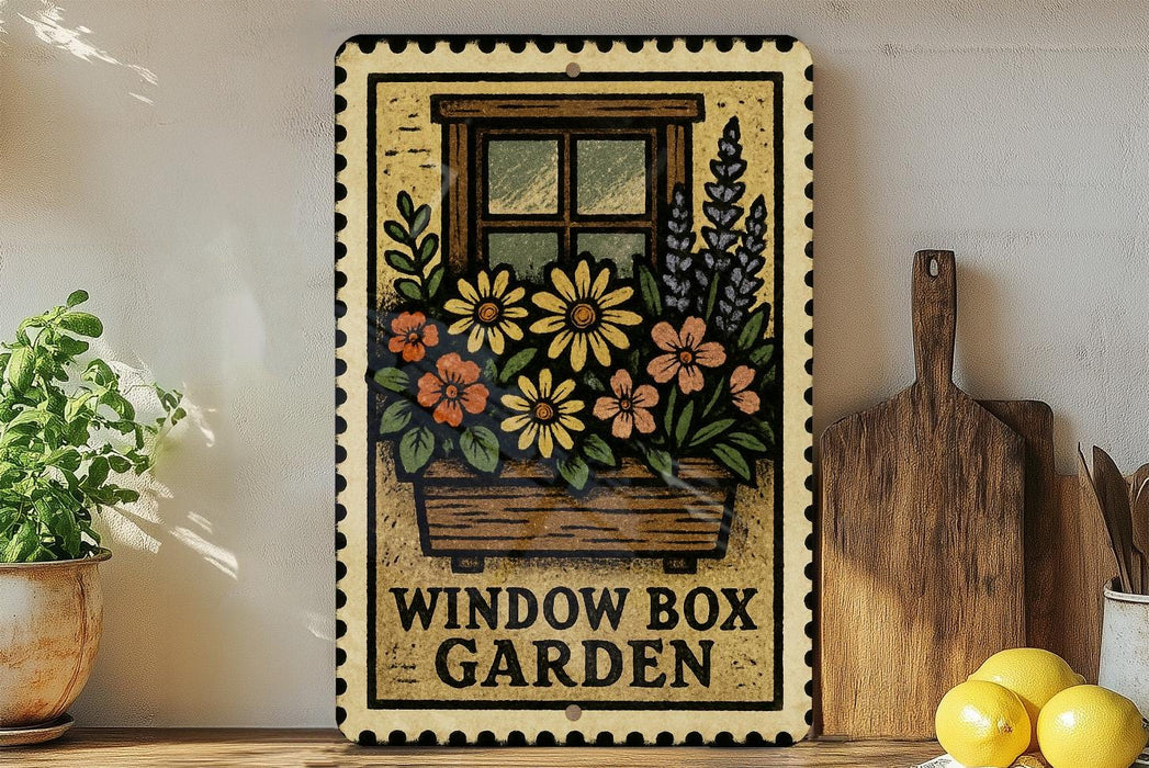 A decorative metal sign with a floral design hangs on a wall, accompanied by a wooden cutting board and a potted plant.