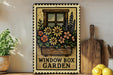 A decorative metal sign with a floral design hangs on a wall, accompanied by a wooden cutting board and a potted plant.