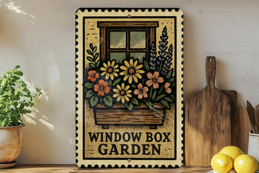 A decorative metal sign with a floral design hangs on a wall, accompanied by a wooden cutting board and a potted plant.