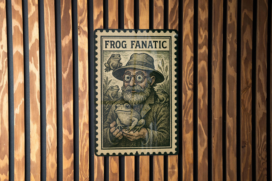 A vintage-style metal stamp featuring a bearded man wearing a hat and holding a frog, with the text "FROG FANATIC" prominently displayed.