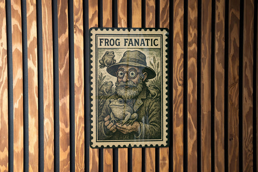 A vintage-style metal stamp featuring a bearded man wearing a hat and holding a frog, with the text "FROG FANATIC" prominently displayed.