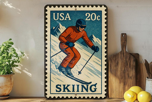 A vintage-style postage stamp featuring a skier in an orange suit and helmet, with the word "SKIING" written below. The stamp is displayed on a shelf next to a wooden cutting board and a potted plant.