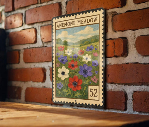 a vintage-style metal stamp with a floral illustration on a brick wall.