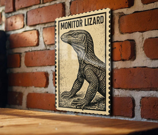 A framed illustration of a monitor lizard is displayed on a brick wall.