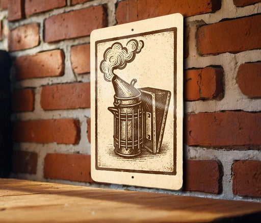 a brick wall with a wooden table in the foreground. There is a sign with an illustration of a metal container or tool on the wall.