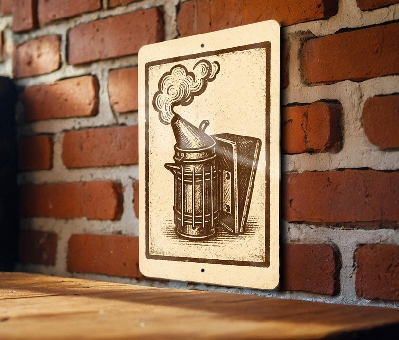 a brick wall with a wooden table in the foreground. There is a sign with an illustration of a metal container or tool on the wall.