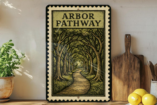 A framed illustration of a forest path, with the text "ARbor Pathway" prominently displayed, is hanging on a wall next to a wooden cutting board and a potted plant.