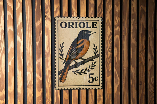 A vintage oriole postage stamp is displayed on a wooden wall.