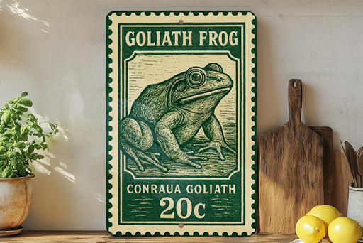 A green and white postage stamp featuring a detailed illustration of a frog, with the text "GOLIATH FROG" and "CONRUA GOLIATH" printed on it. The stamp is placed on a wooden surface, with a potted plant, a wooden cutting board, and some lemons nearby.