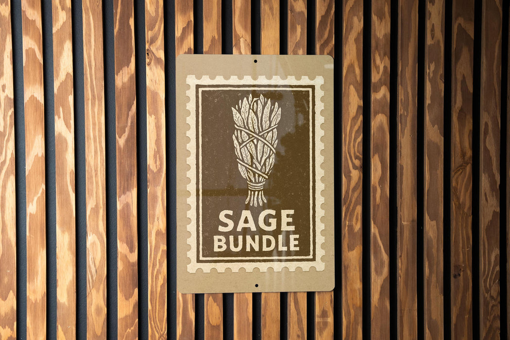 A sign with the text "SAGE BUNDLE" is displayed on a wooden wall.