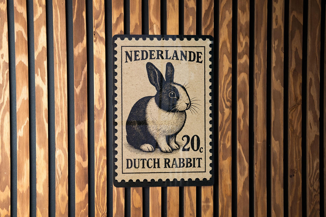 A postage stamp featuring a Dutch rabbit, with the text "Nederlande 20, Dutch rabbit" printed on it.