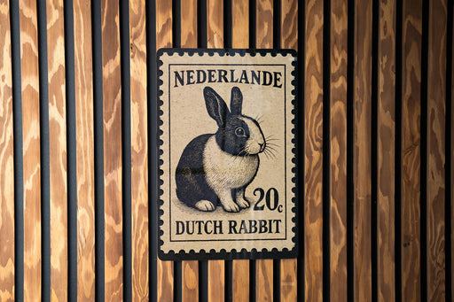 A postage stamp featuring a Dutch rabbit, with the text "Nederlande 20, Dutch rabbit" printed on it.