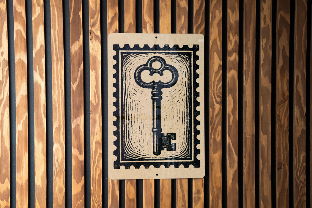 A black and white key-shaped stamp is displayed on a wooden wall.