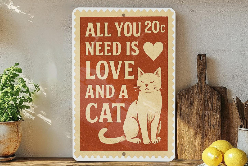 a sign with a cat and the text "All you need is love and a cat" on a shelf.