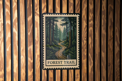 A framed image of a forest trail is displayed on a wooden wall.