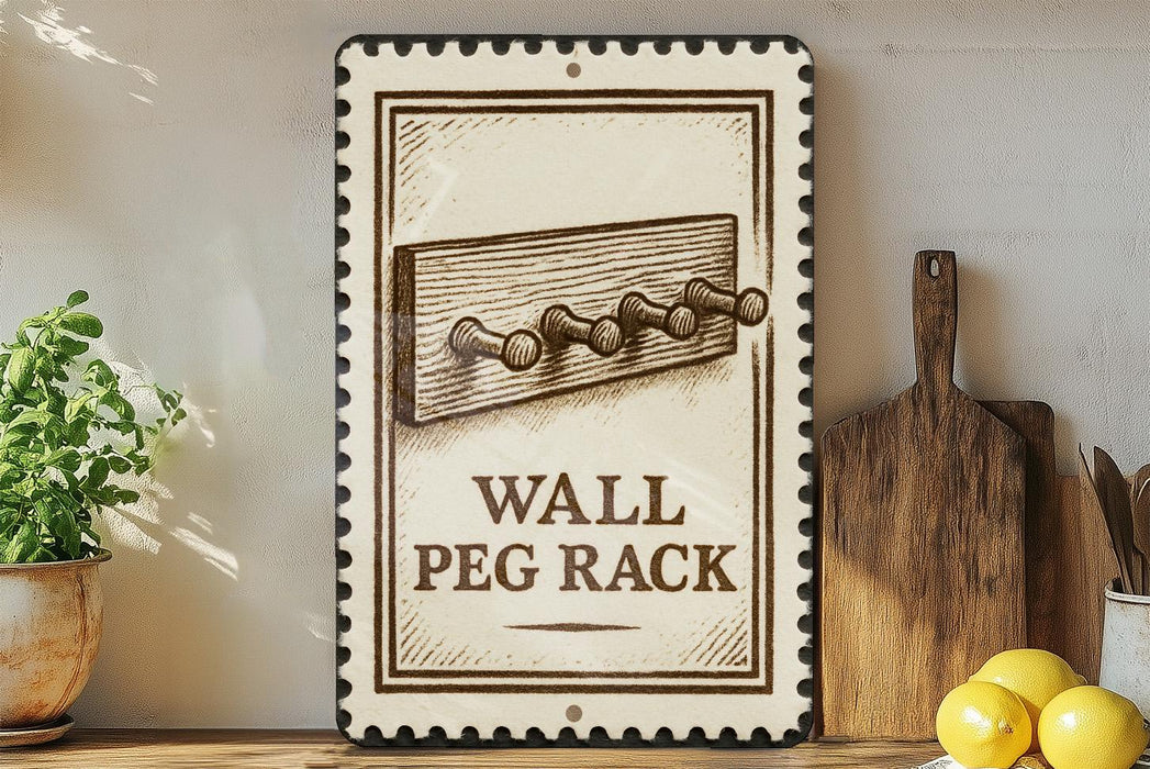 a wall peg rack with the text "WALL PEG RACK" on it, along with a wooden board and a potted plant.