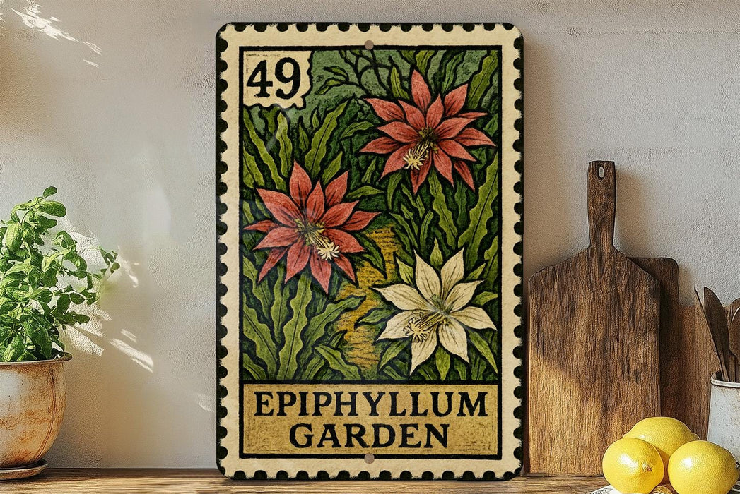 A metal sign with a floral design, featuring a large red flower and two smaller white flowers, is displayed on a shelf next to a wooden cutting board and a potted plant.