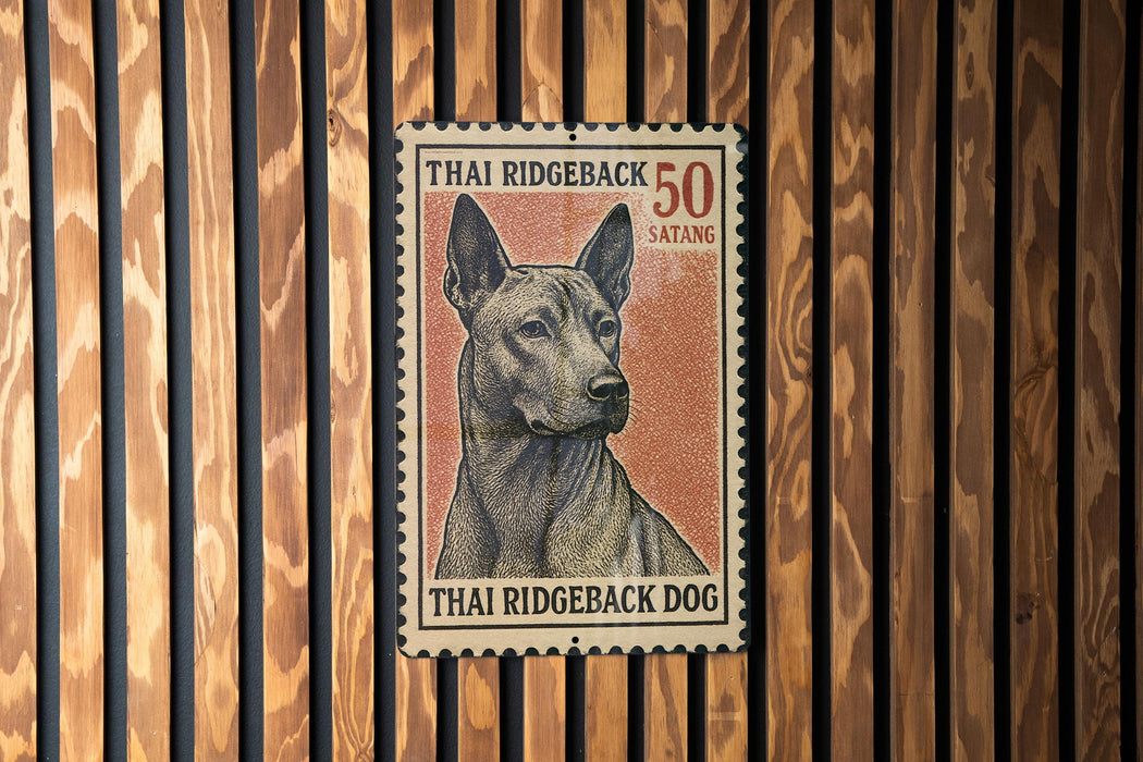 A Thai Ridgeback dog is depicted on a Thai postage stamp, which is affixed to a wooden wall.
