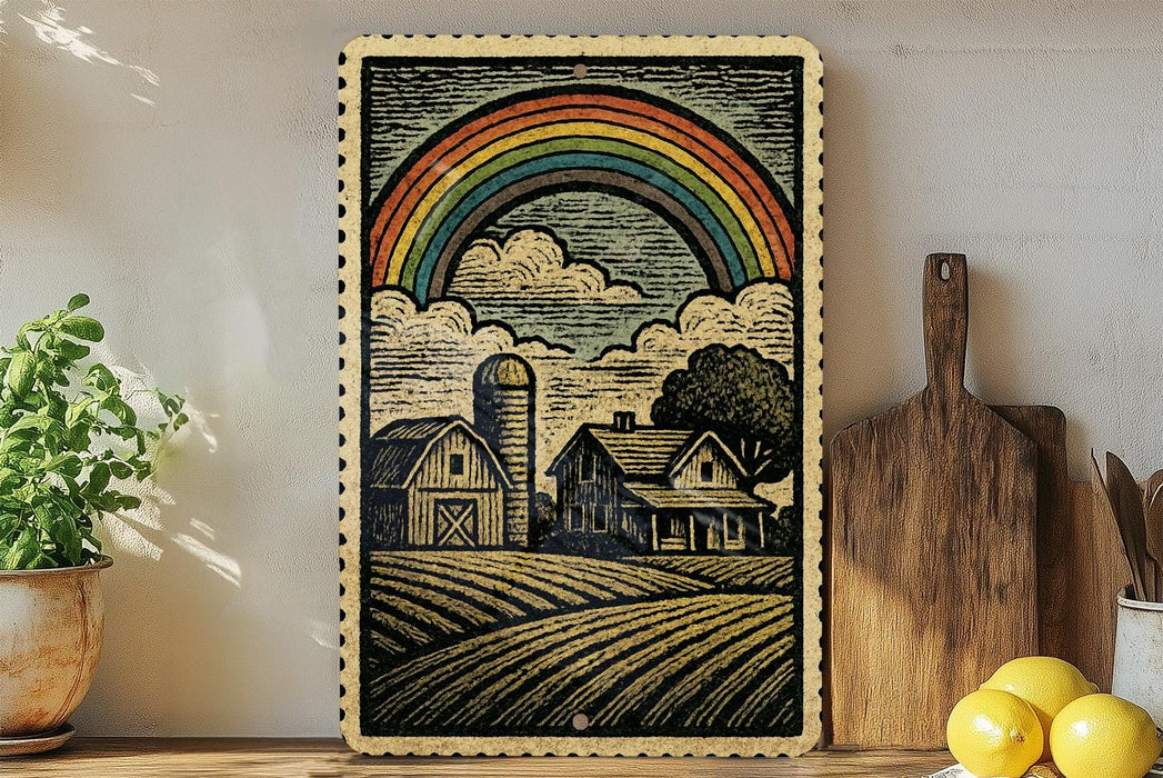 a vintage-style illustration of a farm scene with a rainbow arching over the landscape, a barn, and a field.
