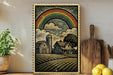 a vintage-style illustration of a farm scene with a rainbow arching over the landscape, a barn, and a field.