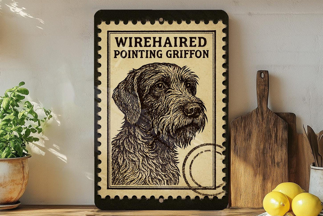 a framed illustration of a wirehaired pointing griffin on a shelf, with a wooden cutting board and a potted plant nearby.