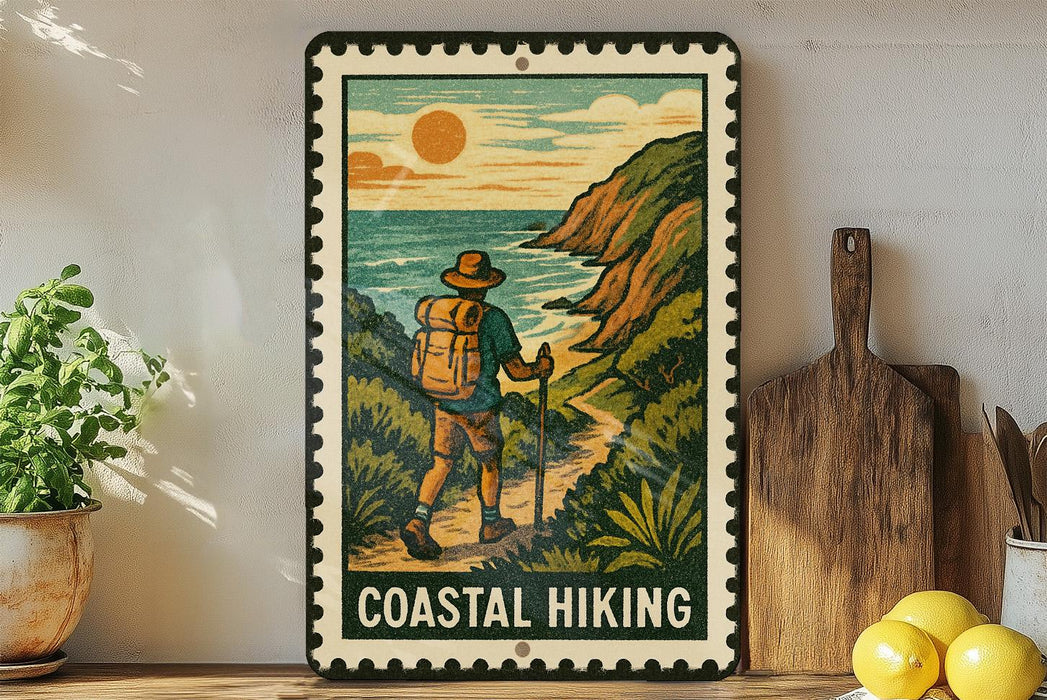 A vintage-style metal sign with a hiker on a trail, surrounded by a coastal landscape, is displayed on a shelf with a potted plant and a wooden cutting board nearby.