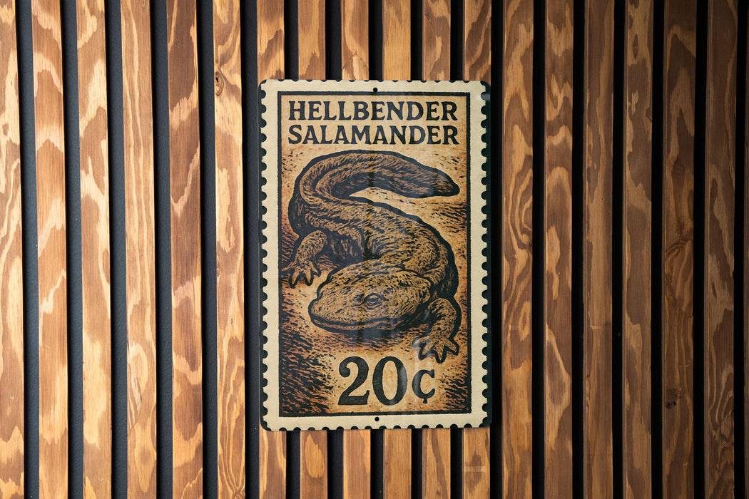 A 20 cent postage stamp featuring a salamander is displayed on a wooden wall.