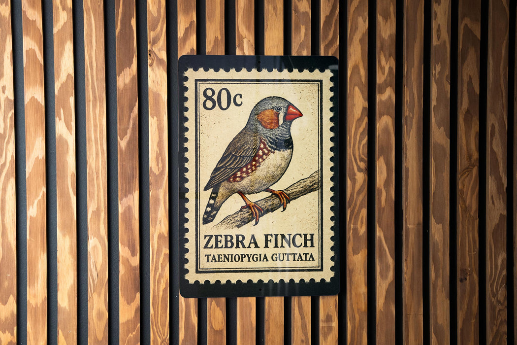 A postage stamp featuring a zebra finch, with the text "Zebra finch Taeniopia guttata" printed on it.