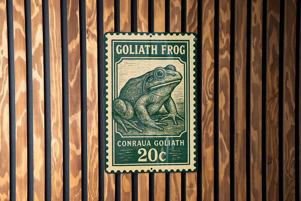 A postage stamp featuring a detailed illustration of a Goliath Frog, which is a type of frog. The stamp is mounted on a wooden wall.