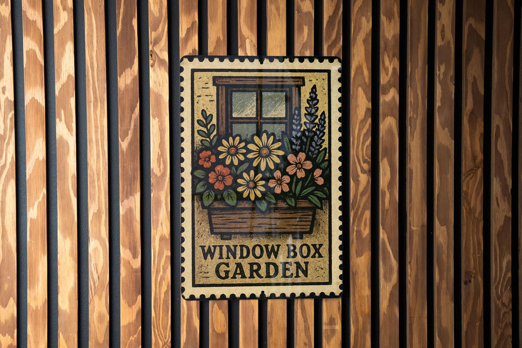 A metal sign with a floral design hangs on a wooden wall, displaying the text "WINDOW BOX GARDEN".