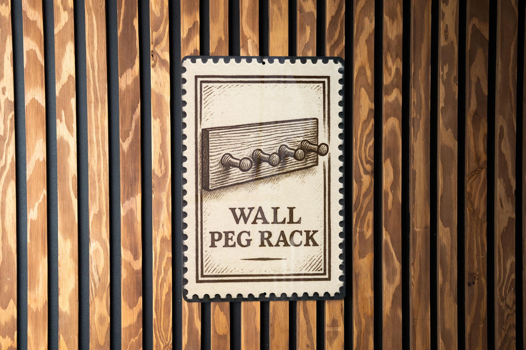 A wall peg rack sign is displayed against a wooden background.