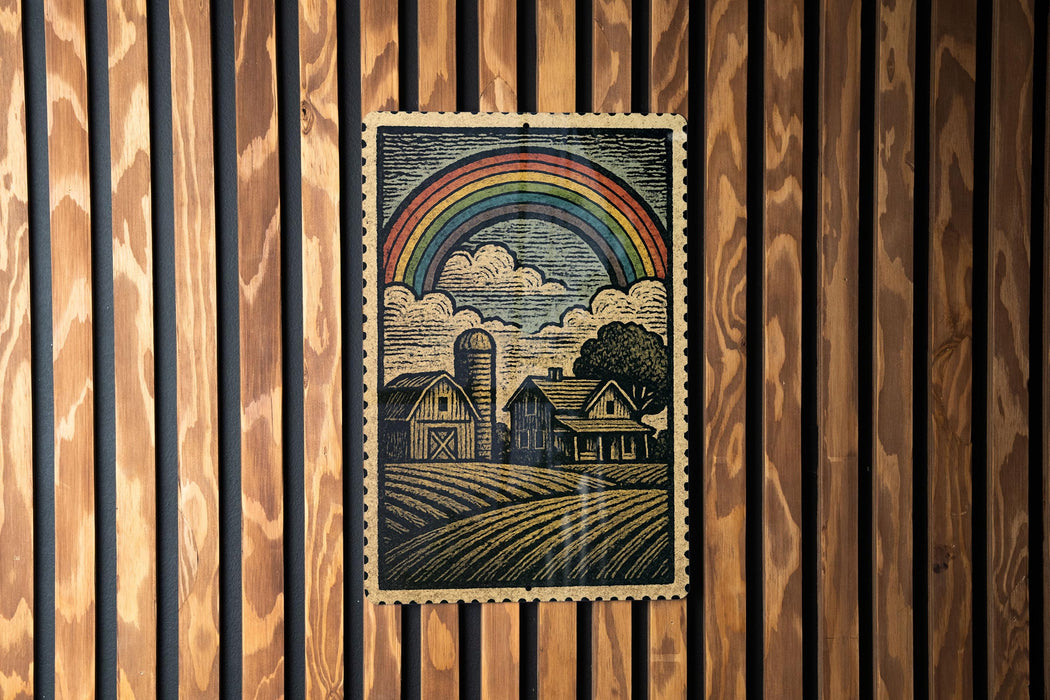 A framed illustration of a rural landscape with a rainbow in the sky, depicting a farm scene with buildings and a silo.