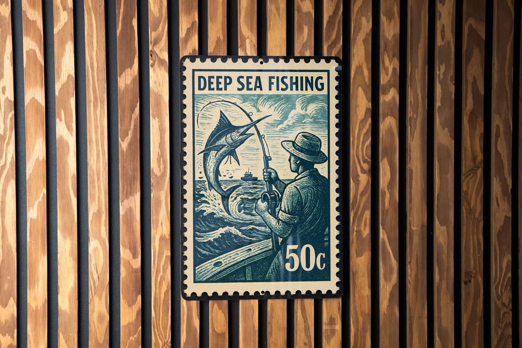 A postage stamp featuring a man fishing in the ocean, with a large fish in the background.