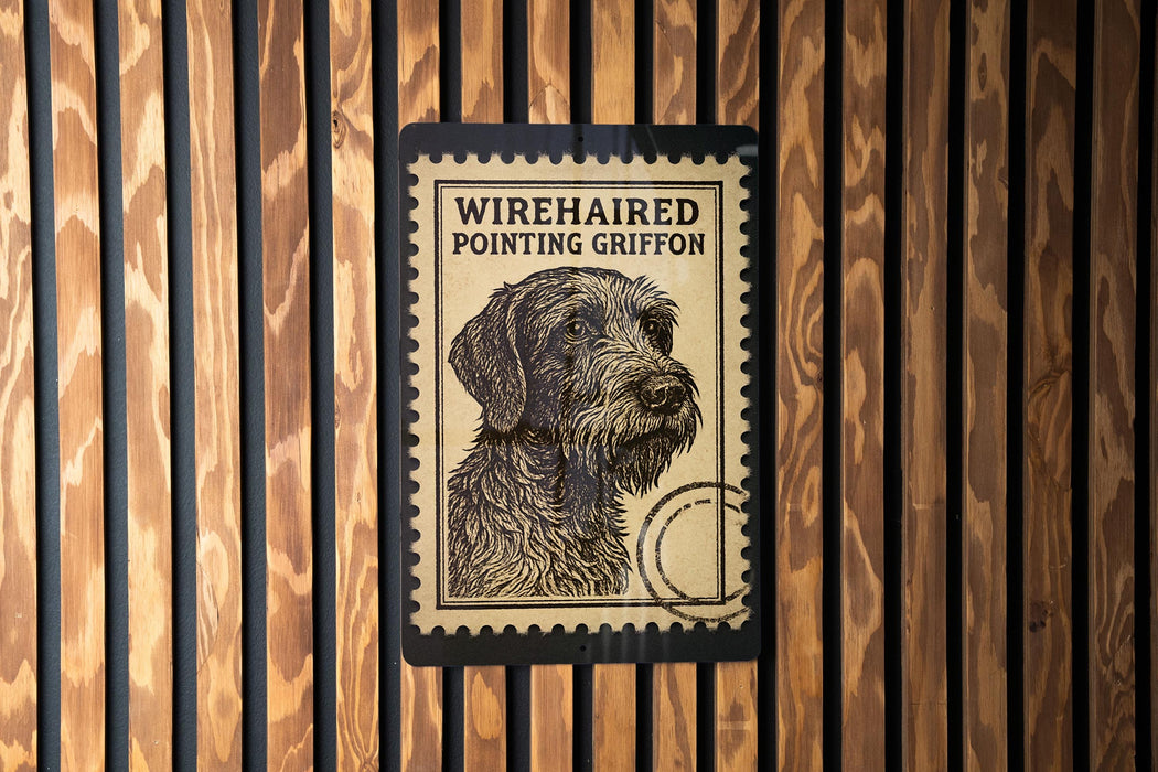 A postage stamp featuring a dog's head is displayed on a wooden wall.