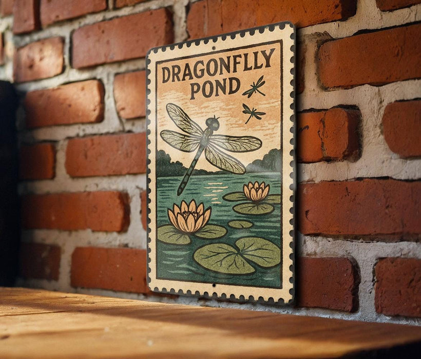 A sign depicting a dragonfly pond hangs on a brick wall, featuring a dragonfly and lily pads.