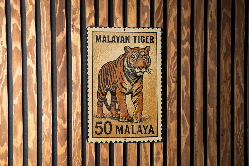A metal stamp with a tiger image and the text "MALAYAN TIGER 50 MALAYA" is displayed on a wooden wall.